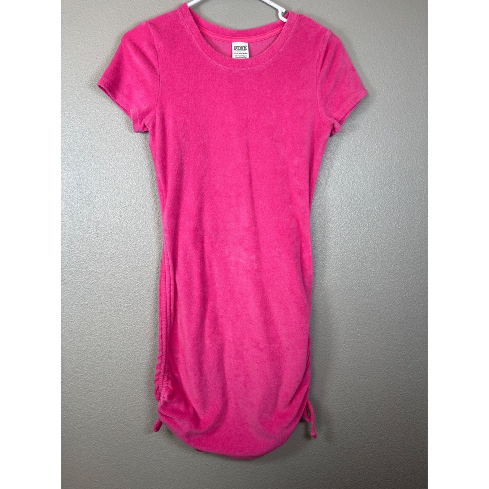 PINK Victoria's Secret Terry Cloth Dress Hot Pink Short Sleeve Ruched XS Mini